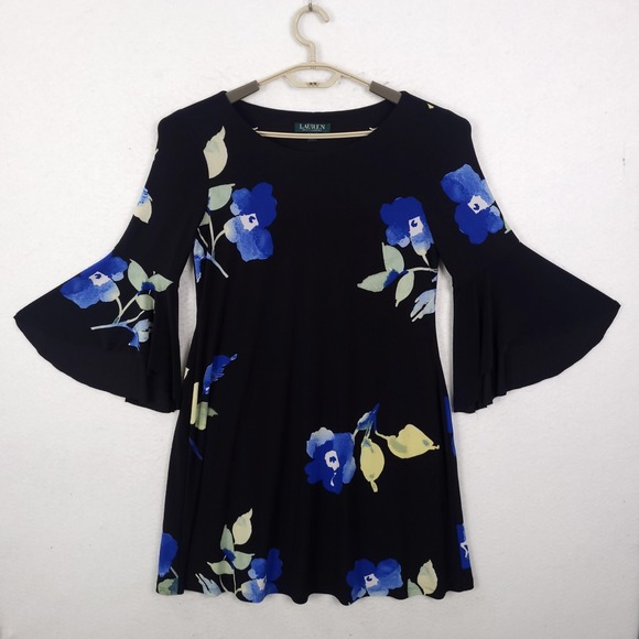 Lauren Ralph Lauren Dresses & Skirts - Lauren Ralph Lauren Dress Black Blue Floral Bell Sleeve Size 6 Lined Classic